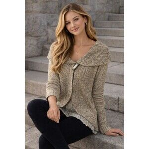 St John Sport Cardigan Sweater Medium Beige Brown Shawl Collar